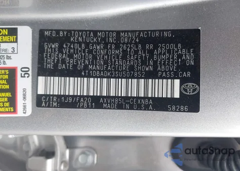 2025 Toyota Camry Le from USA, damaged, VIN 4T1DBADK3SU507852